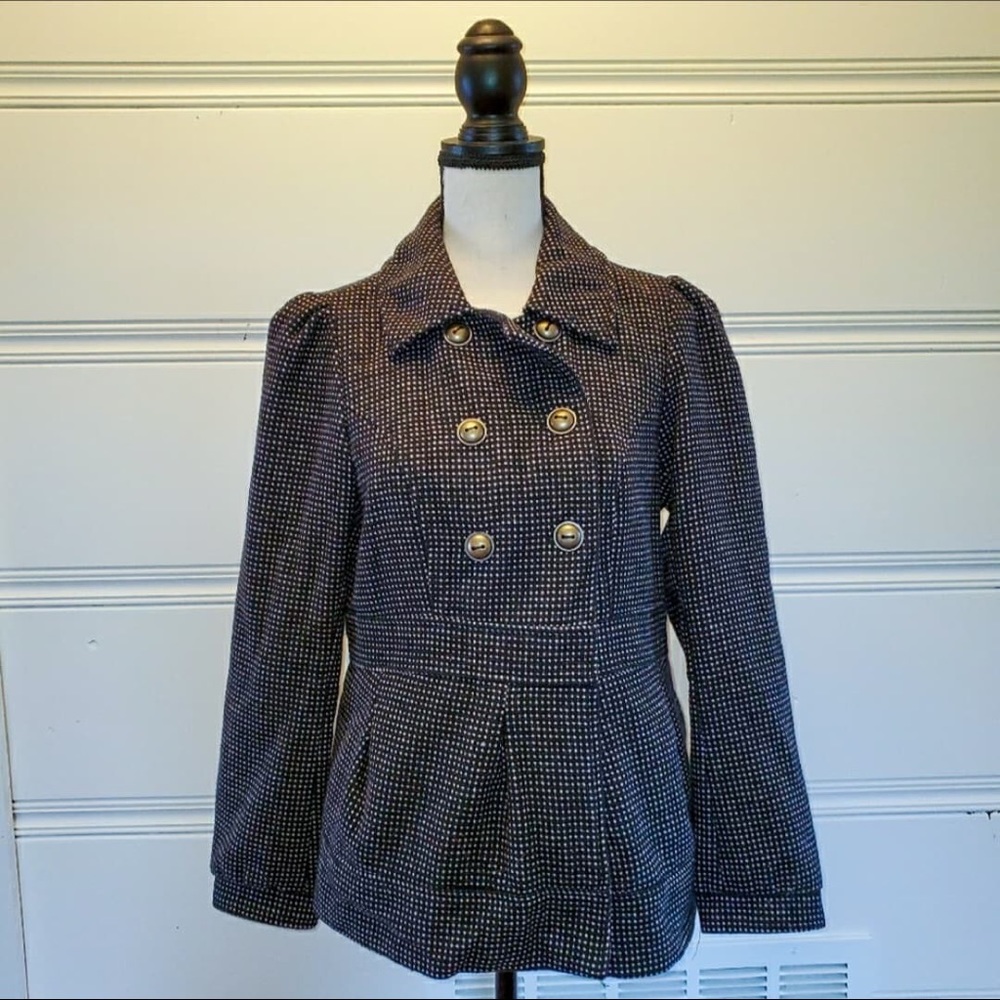 Pink and gray winter pea coat gold buttons